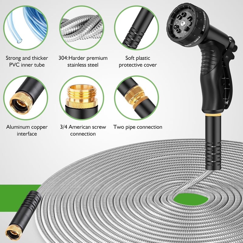 Rcfunkid Garden Hose Metal 150FT, Stainless Steel Heavy Duty Water Hose With 10 Function Nozzle, No-Kink, Tough & Flexible, Sturdy and Lightweight, Rust Proof for Yard, Outdoor, RV - Image 2